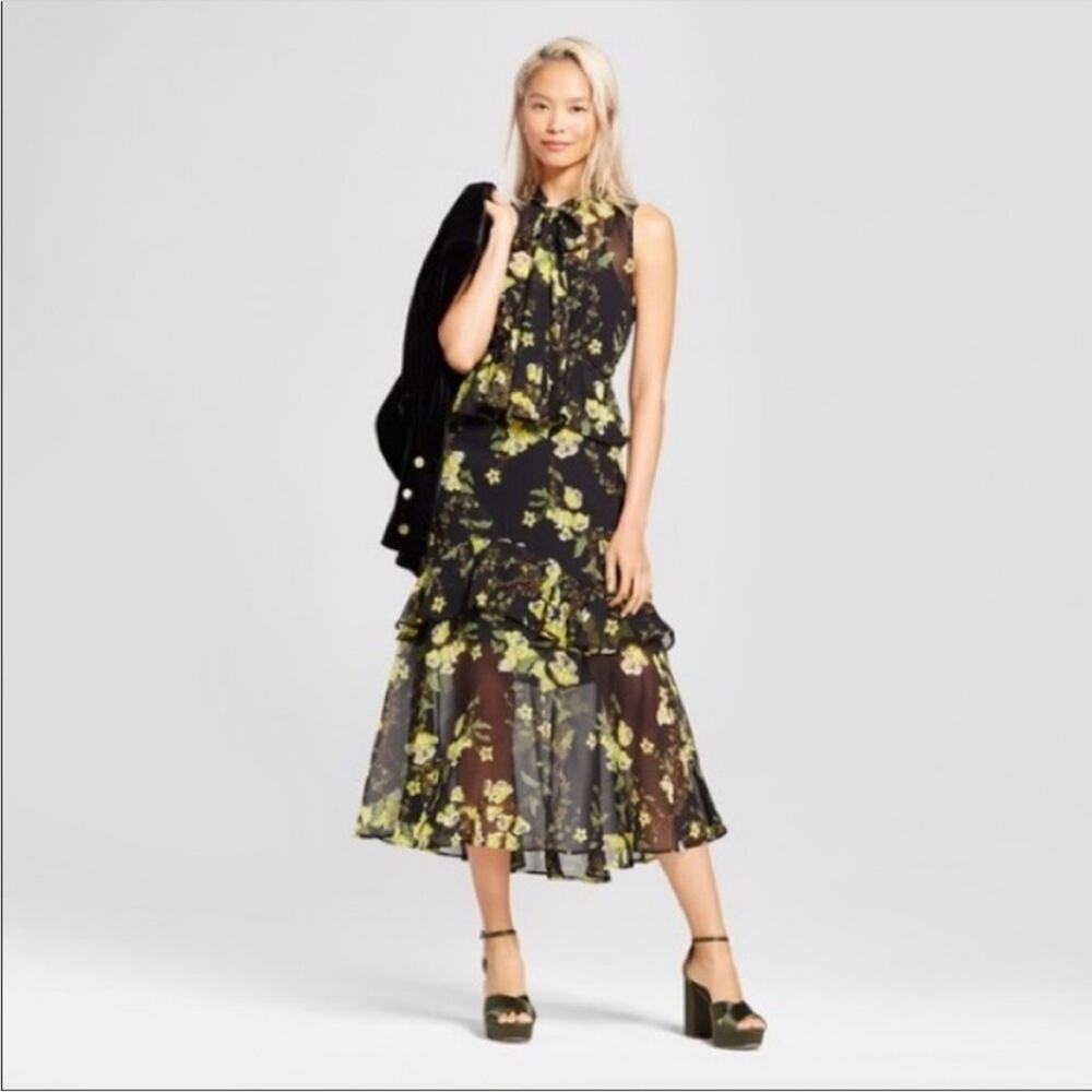 WhoWhatWear Black Floral Tiered Ruffle Midi Dress Size Small Cottagecore Chiffon